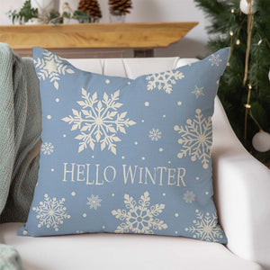 Hello Winter Snowflake Christmas Pillow Cover 18x18 Inch Blue and White Grand Millenial Christmas Decorations Holiday Decorative Throw Pillow Case for Home Living Room Bedroom Couch Deco