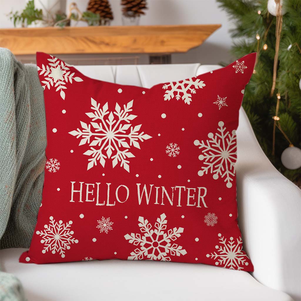 Christmas Hello Winter Snowflake Throw Pillow Cover 18x18 Inch Red White Outdoor Christmas Decorations Xmas Holiday Decorative Throw Pillow Case for Home Living Room Couch Porch Decor