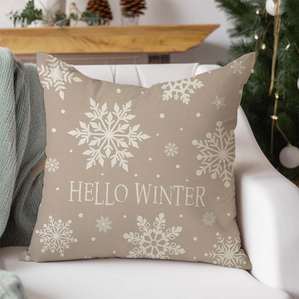 Hello Winter Snowflake Christmas Throw Pillow Cover 18x18 Inch Beige Outdoor Neutral Christmas Decorations Xmas Holiday Decorative Throw Pillow Case for Home Living Room Bedroom Couch Decor