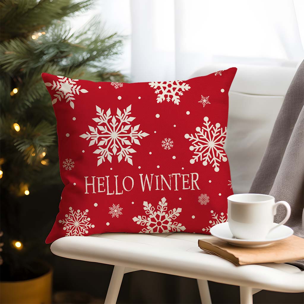 Christmas Hello Winter Snowflake Throw Pillow Cover 18x18 Inch Red White Outdoor Christmas Decorations Xmas Holiday Decorative Throw Pillow Case for Home Living Room Couch Porch Decor