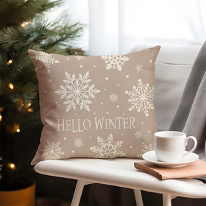 Hello Winter Snowflake Christmas Throw Pillow Cover 18x18 Inch Beige Outdoor Neutral Christmas Decorations Xmas Holiday Decorative Throw Pillow Case for Home Living Room Bedroom Couch Decor