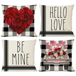 Valentines Pillow Covers 18x18 Set of 4, Valentines Day Pillow Covers Valentine Day Decoration, Black Buffalo Plaid Check Pink Truck Flower Red Rose Heart Decor Throw Pillows