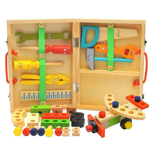 PANDALA Kids Toys Plastic Wooden Toolbox Pretend Play Set Children Nut Screw Assembly Simulation Carpenter Tool