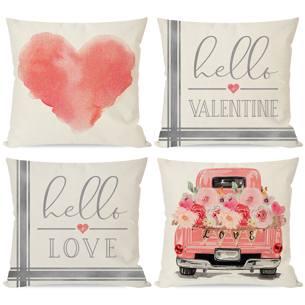 Valentines Day Pillow Covers 18x18 Set of 4, Pinky Peach Valentine Pillow Covers Valentines Day Decor, Hello Valentine Love Heart Truck Flower Throw Pillows Cases Valentines Day Decorations