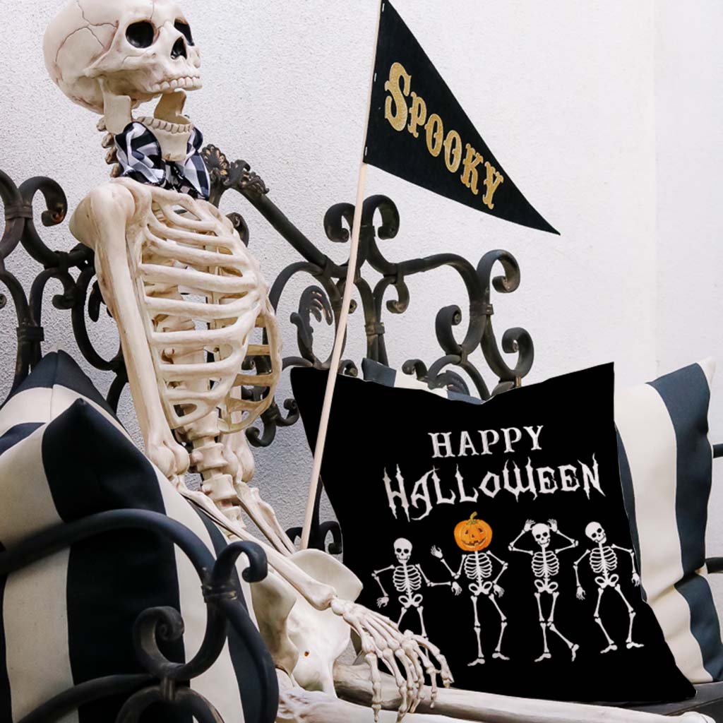 PANDICORN Dancing Skeleton Black Halloween Pillow Cover Happy Halloween Jack-O-Lantern