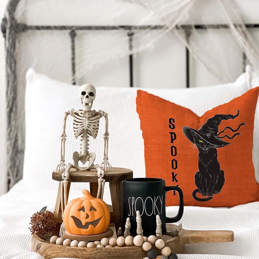 PANDICORN Orange Halloween Pillow Cover 18x18 Black Cat Spooky Hallowe