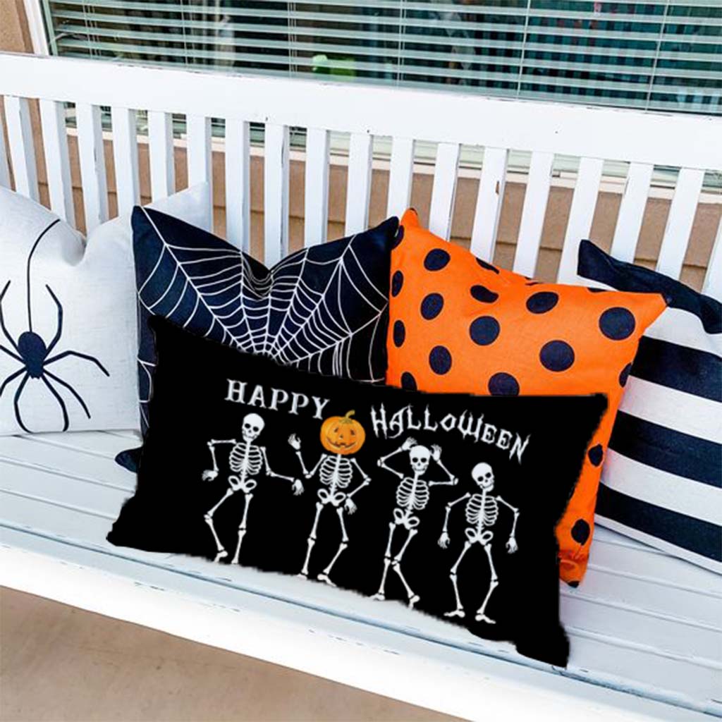 PANDICORN Dancing Skeleton Black Halloween Pillow Cover Happy Halloween Jack-O-Lantern