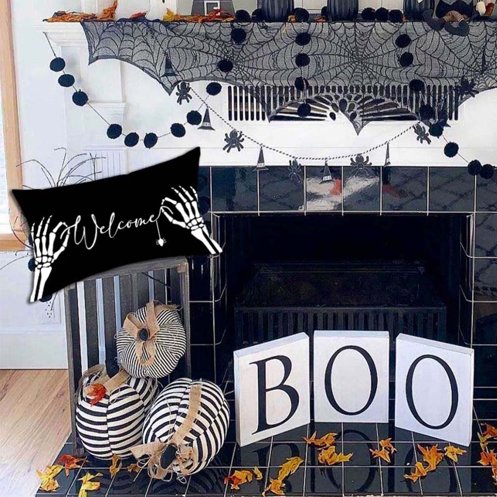 PANDICORN Black Halloween Pillow Cover 12x20 Skeleton Hand Spider Welcome Halloween Lumbar Pillow
