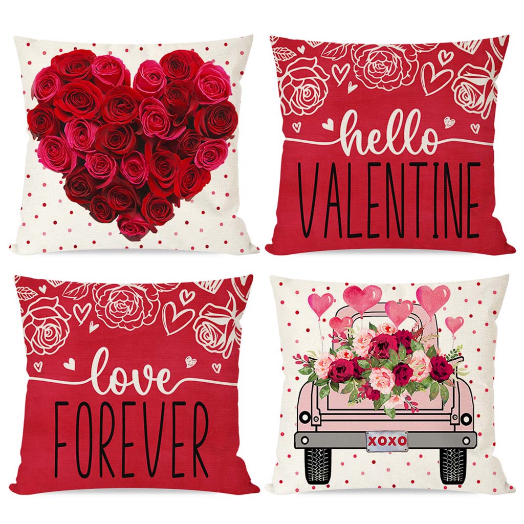 Valentine's Day Pillow Covers 18X18 Set of 4 Polka Dot Red Rose Heart Truck Love for Valentines Day Decor Outdoor Valentine Decorative Throw Pillows Cushion Case Decorations for Couch Sofa