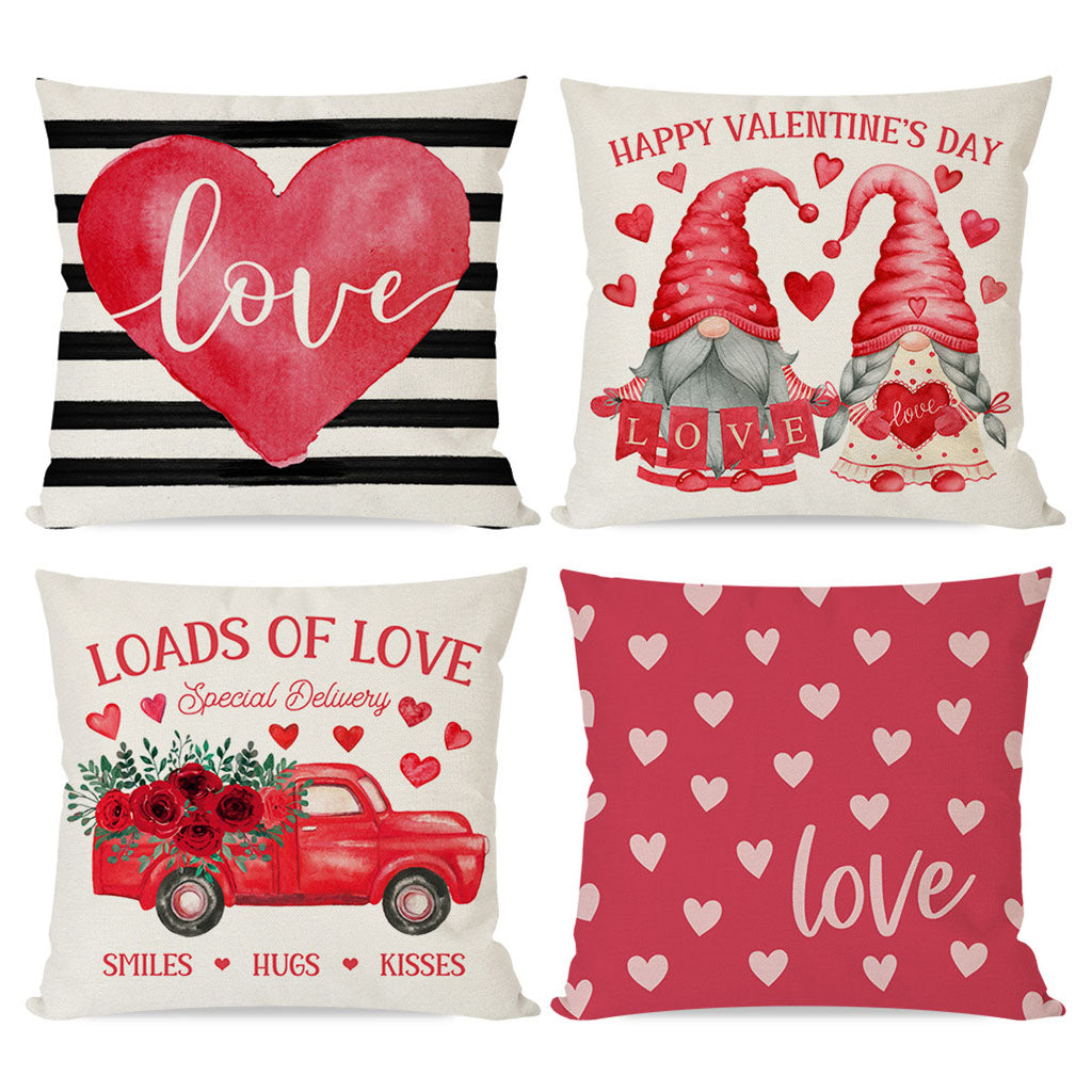 Valentines Day Pillow Covers 18X18 Set of 4 Red Gnome Love Heart Truck Black Stripe for Valentines Day Decor Outdoor Valentine Decorative Throw Pillows Cushion Case Decorations for Couch