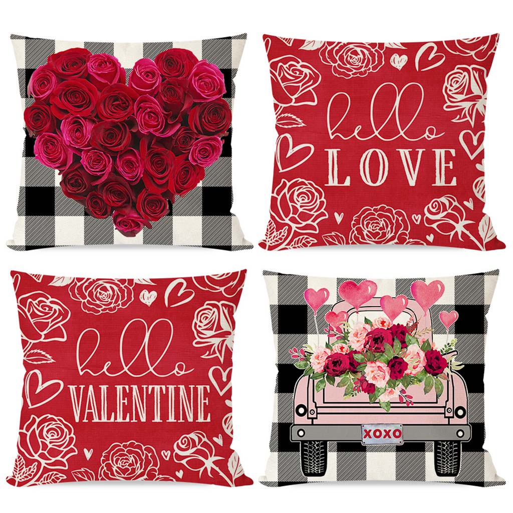 Valentines Pillow Covers 18X18 Set of 4 Black Buffalo Plaid Rose Heart Truck Floral for Valentines Day Decor Outdoor Valentine Decorative Throw Pillows Cushion Case Decorations for Couch