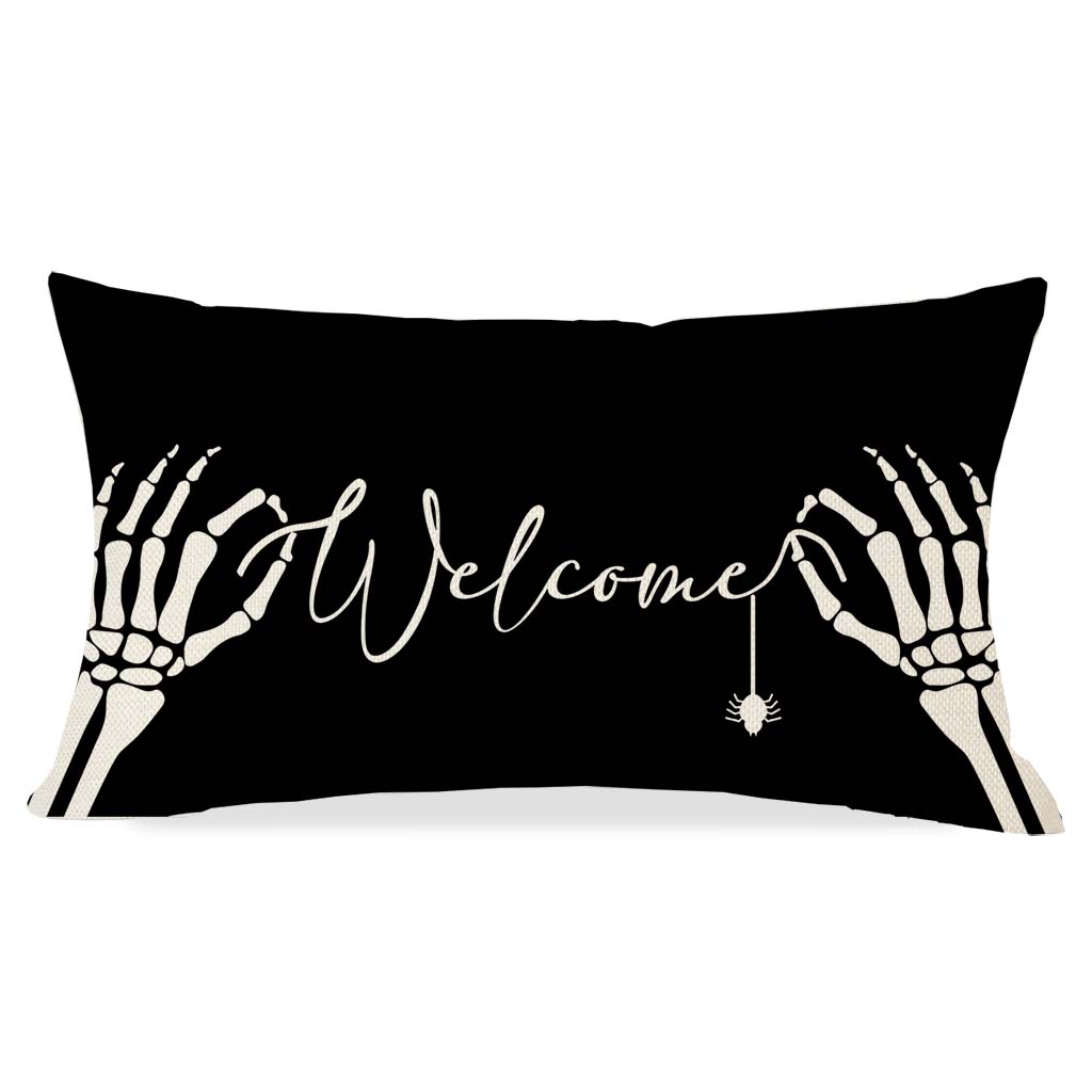 PANDICORN Black Halloween Pillow Cover 12x20 Skeleton Hand Spider Welcome Halloween Lumbar Pillow