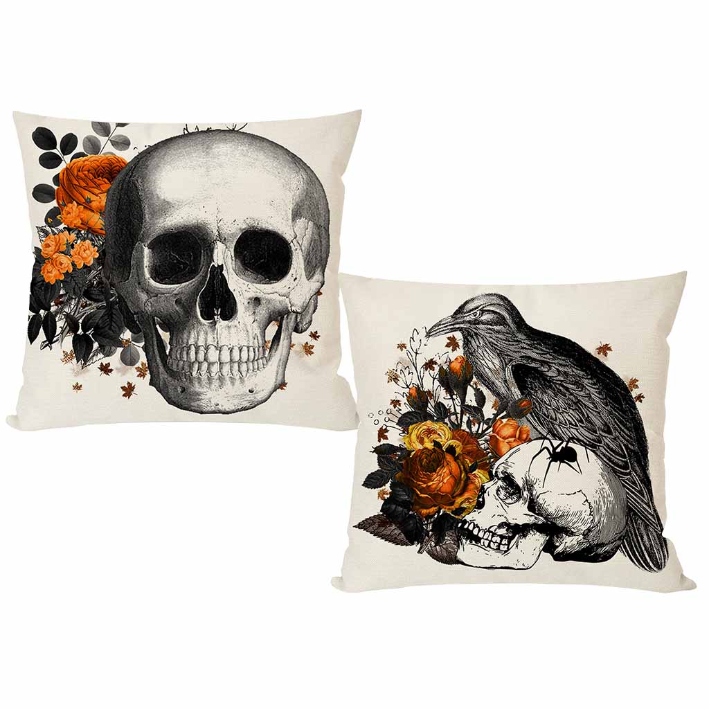 PANDICORN Halloween Pillow Covers 18x18 Set of 2 Skull Raven Crow Floral Gothic