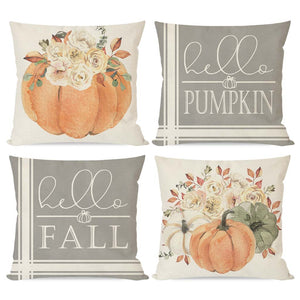 PANDICORN Fall Pillow Covers 18x18 Set of 4 Hello Pumpkin Floral Grey
