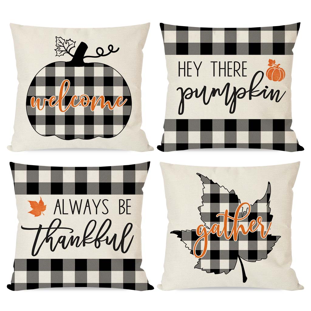 PANDICORN Black Buffalo Plaid Check Fall Pillow Covers 18x18 Set of 4 Hello Pumpkin Leaf Welcome Outdoor