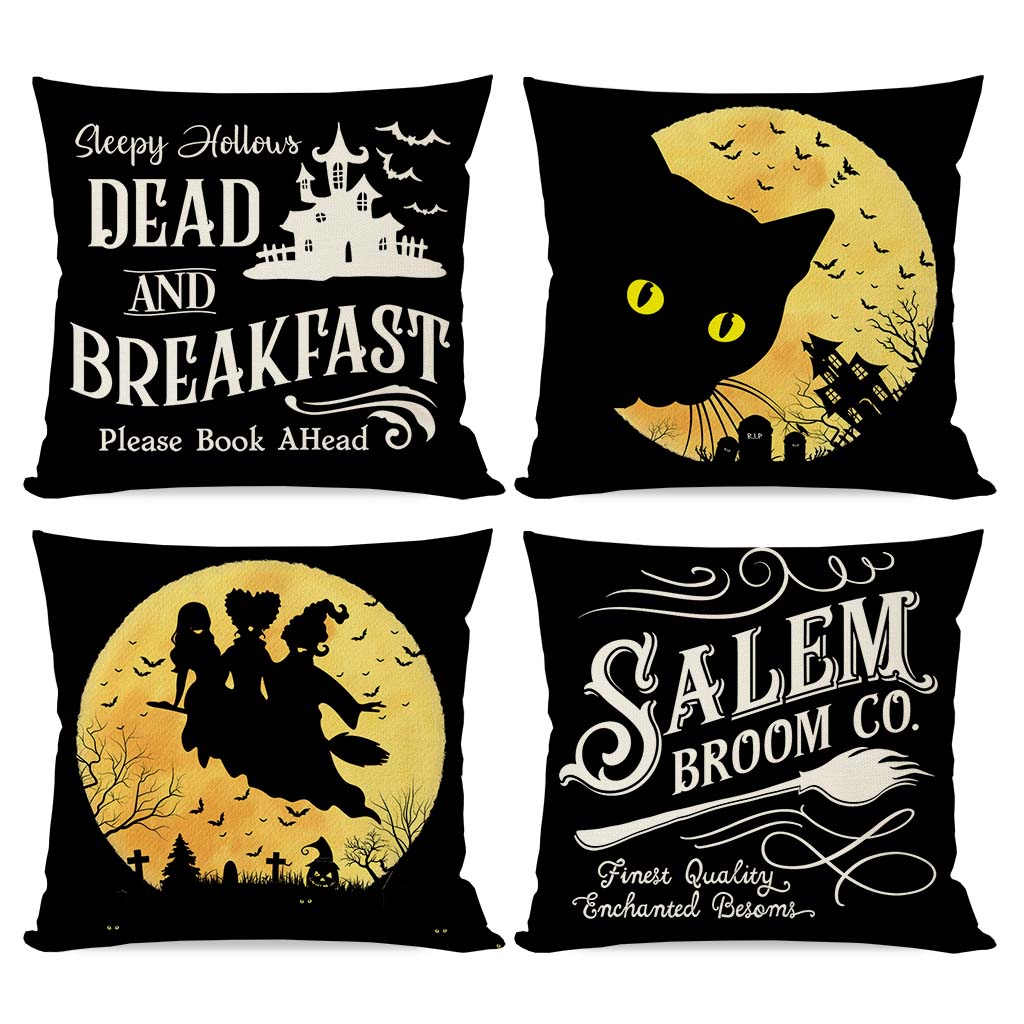 PANDICORN Halloween Pillow Covers 18x18 Set of 4 Hocus Pocus Sanderson Sisters Moon Black Cat Halloween Decorations Outdoor