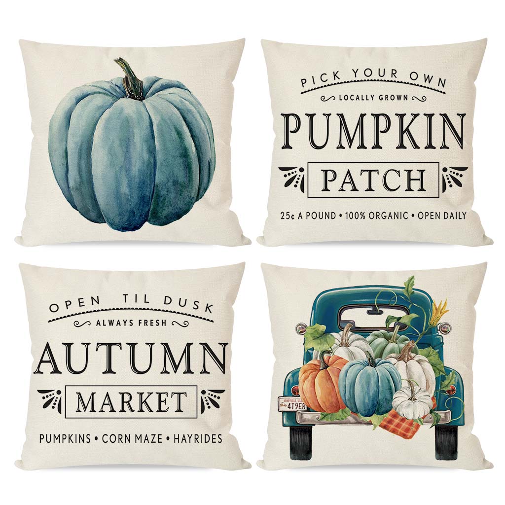 PANDICORN Fall Pillow Covers 18x18 Set of 4 Pumpkin Patch Truck Blue Pumpkin Outdoor