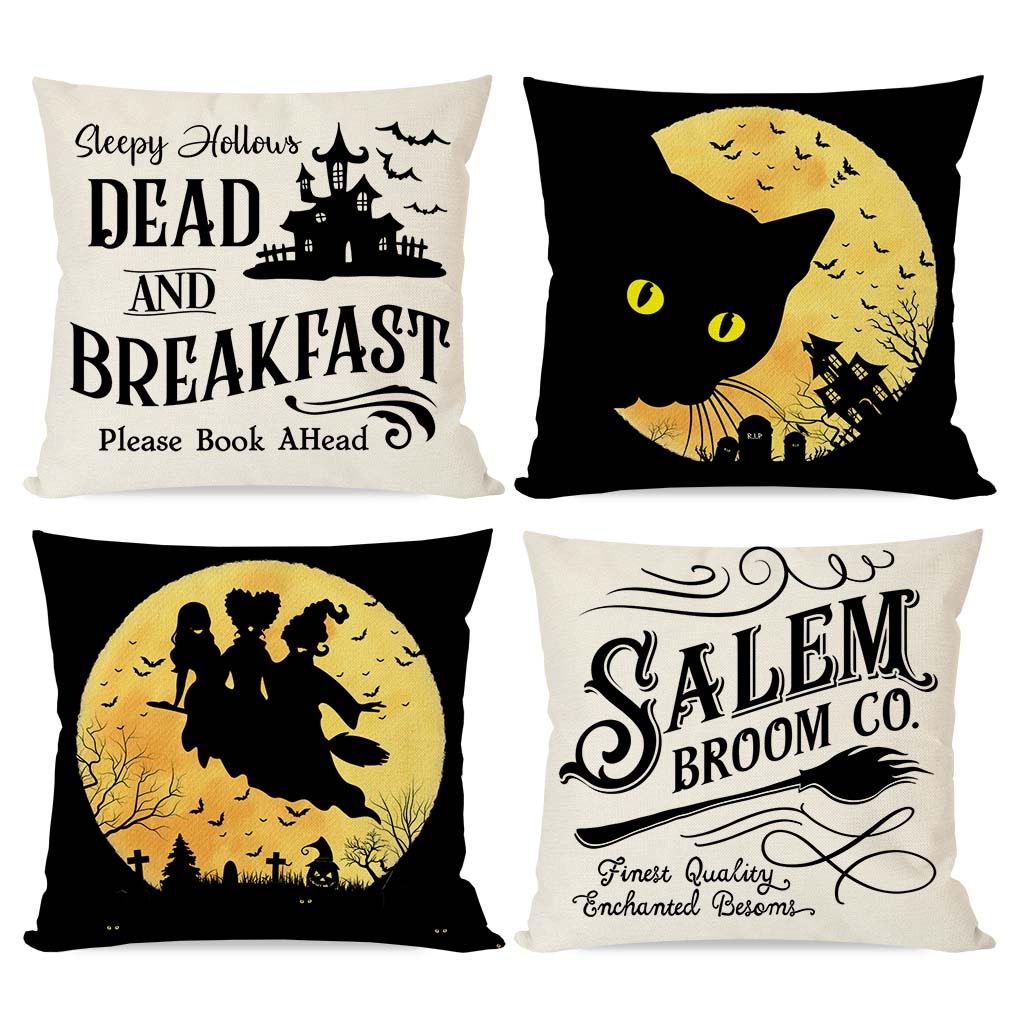 PANDICORN Halloween Pillow Covers 18x18 Set of 4 Hocus Pocus  Moon Black Cat Sanderson Sisters