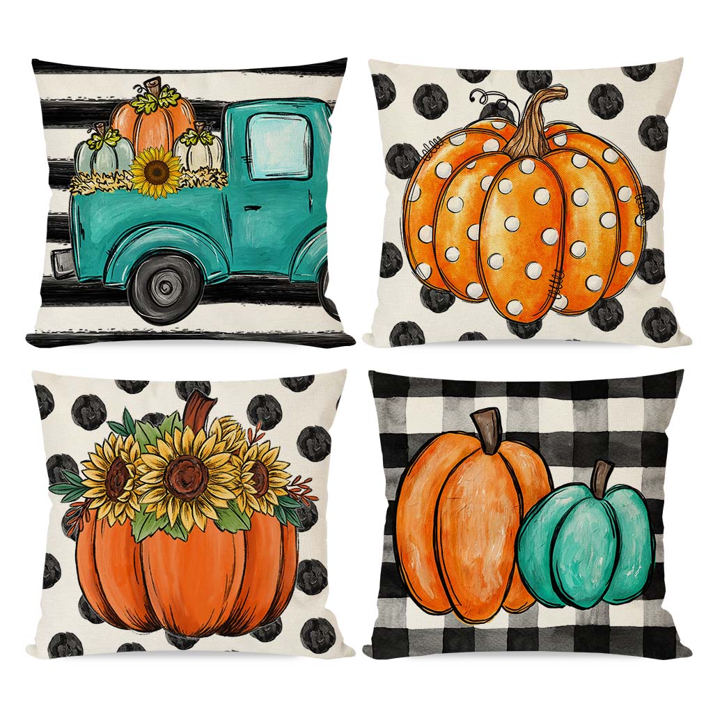 PANDICORN Fall Pillow Covers 18x18 Set of 4 Polka Dot Pumpkin Truck Buffalo Plaid Stripe Outdoor