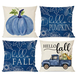 PANDICORN Blue Fall Pillow Covers 18x18 Set of 4 Hello Pumpkin Truck Leaves Outdoor Fall Decor
