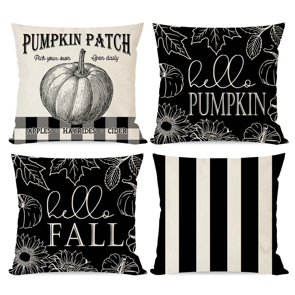 PANDICORN Fall Pillow Covers 18x18 Set of 4  Black Fall Decor Hello Pumpkin Leaves Vertical Stripe Outdoor