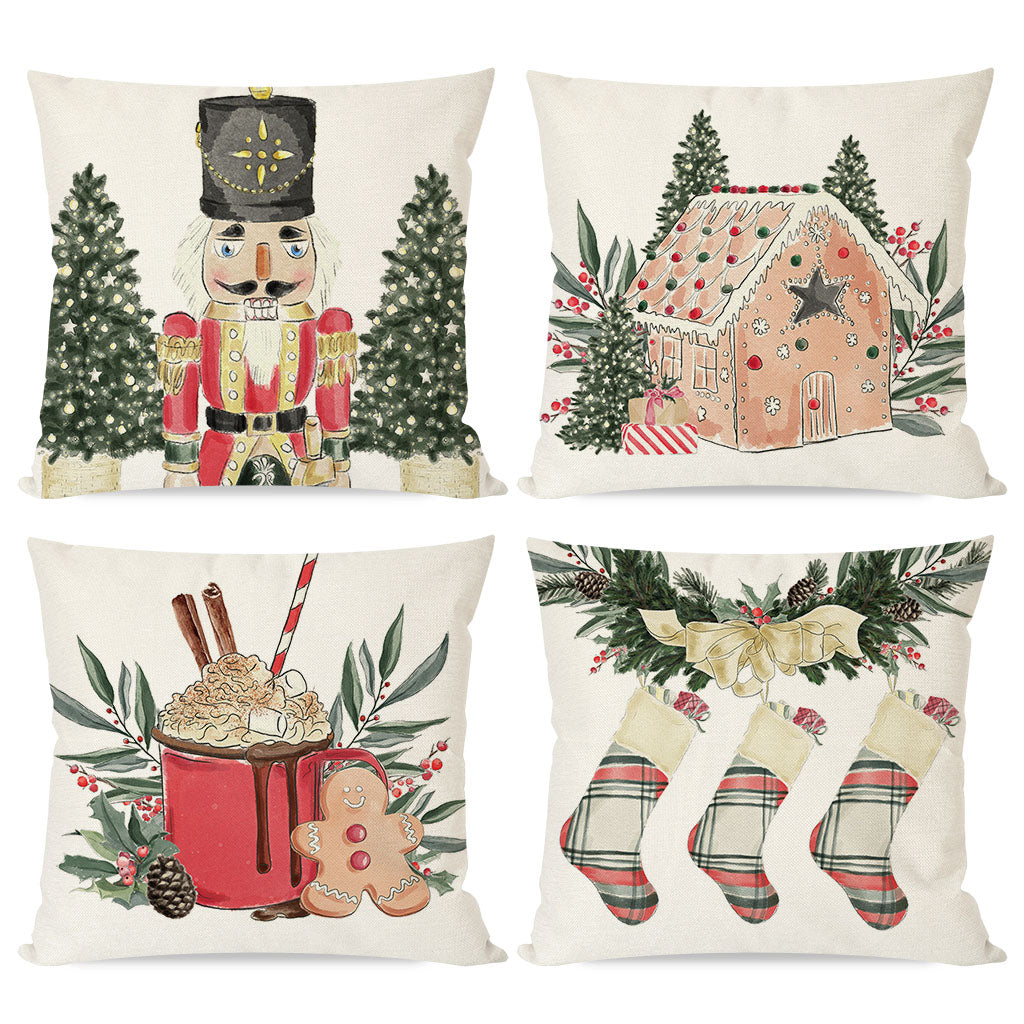 Christmas Pillow Covers 18x18 Set of 4 Gingerbread House Hot Cocoa Nutcracker Christmas Bakery Decor Vintage Xmas Decorations Winter Holiday Decorative Throw Pillow Cases for Home Sofa Couch