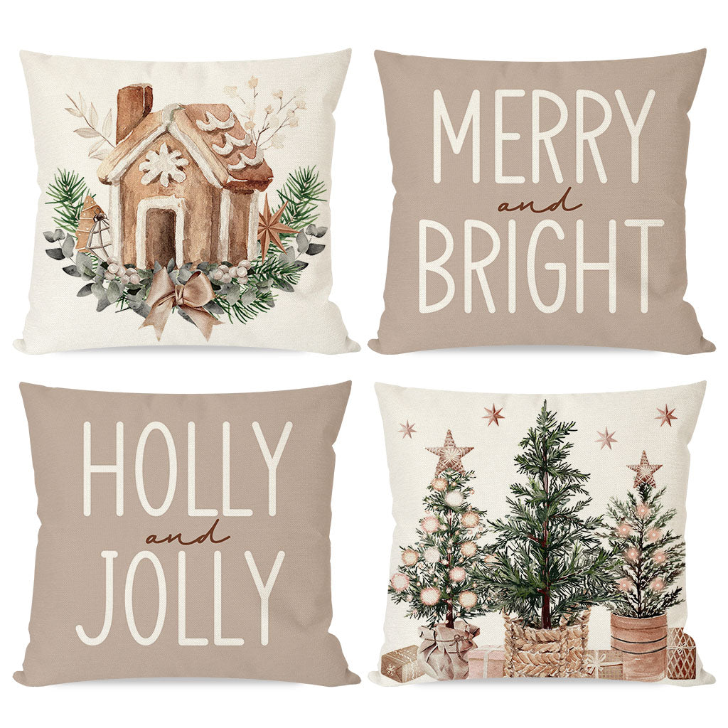 Christmas Pillow Covers 18x18 Set of 4 Gingerbread House Christmas Tree Decorations Neutral Christmas Decor Merry and Bright Winter Holiday Decorative Throw Pillow Cases for Home Room Couch