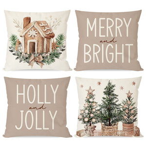 Christmas Pillow Covers 18x18 Set of 4 Gingerbread House Christmas Tree Decorations Neutral Christmas Decor Merry and Bright Winter Holiday Decorative Throw Pillow Cases for Home Room Couch