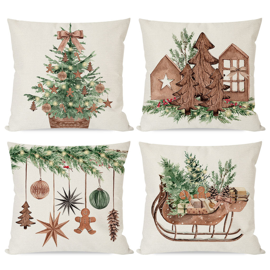 Christmas Pillow Covers 18x18 Inch Wooden Christmas Tree Sleigh Neutral Christmas Decor Rustic Farmhouse Decorations Xmas Winter Holiday Decorative Throw Pillow Cases Set of 4 for Home Couch