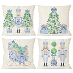 Christmas Blue and White Chinoiserie Throw Pillow Covers 18x18 Inch Nutcracker Sleigh Christmas Tree Bow Green Outdoor Grandmillennial Decorations Xmas Pillow Cases Set of 4 for Couch Decor