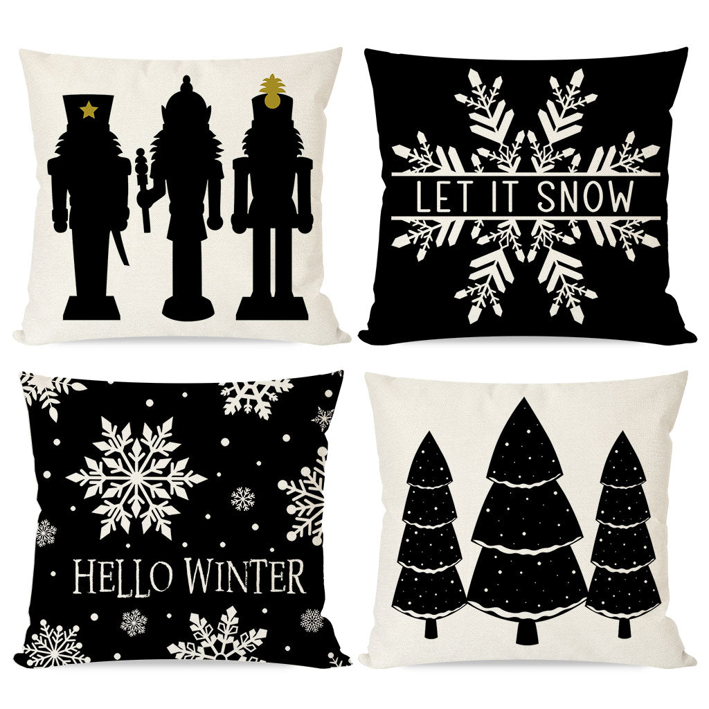 Christmas Pillow Covers 18x18 Set of 4 Nutcracker Snowflake Christmas Tree Black and White Modern Farmhouse Decor Winter Holiday Decorative Throw Pillow Case Decorations for Home Couch