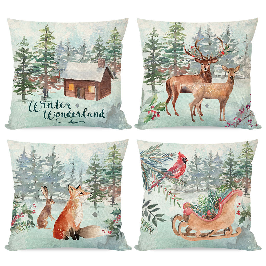 Winter Pillow Covers 18x18 Set of 4 Reindeer Sleigh Christmas Tree Forest Deer Xmas Winter Wonderland Decorations Outdoor Christmas Holiday Throw Pillow Cases for Sofa Couch Home Decor