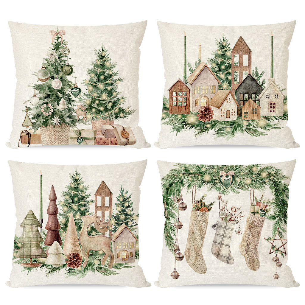 Christmas Pillow Covers 18x18 Set of 4 Wooden Christmas Tree Village House Neutral Christmas Decor Xmas Decorations Outdoor Winter Holiday Decorative Throw Pillow Cases for Home Sofa Couch