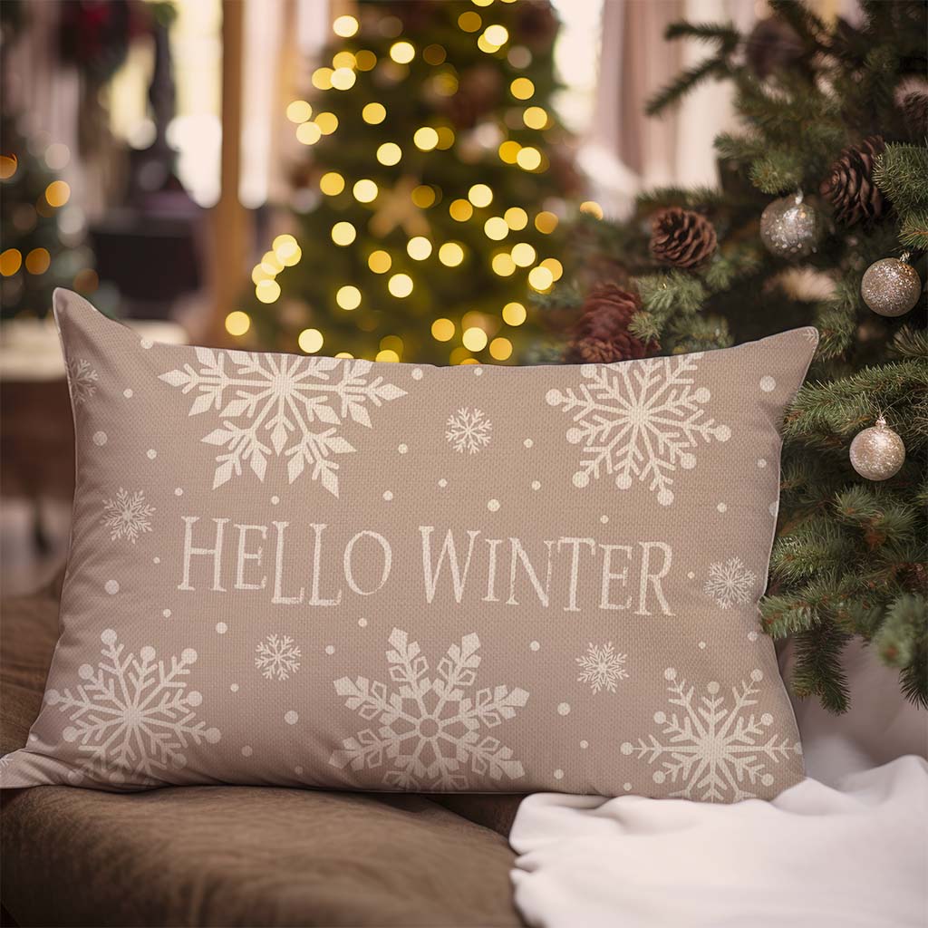 Hello Winter Snowflake Christmas Throw Pillow Cover 12x20 Inch Beige Outdoor Neutral Christmas Decorations Holiday Lumbar Decorative Throw Pillow Case for Home Living Room Sofa Couch Decor