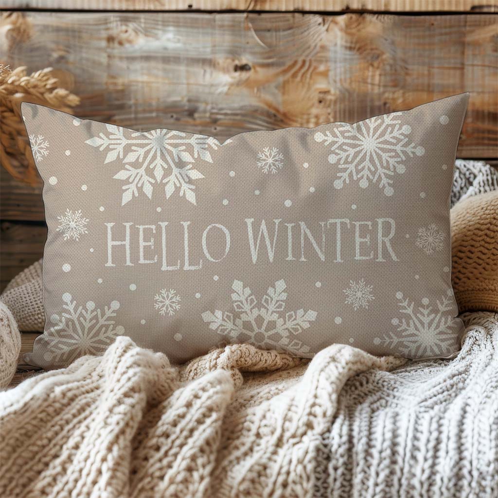 Hello Winter Snowflake Christmas Throw Pillow Cover 12x20 Inch Beige Outdoor Neutral Christmas Decorations Holiday Lumbar Decorative Throw Pillow Case for Home Living Room Sofa Couch Decor