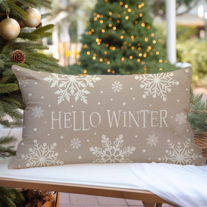 Hello Winter Snowflake Christmas Throw Pillow Cover 12x20 Inch Beige Outdoor Neutral Christmas Decorations Holiday Lumbar Decorative Throw Pillow Case for Home Living Room Sofa Couch Decor