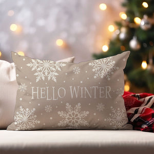 Hello Winter Snowflake Christmas Throw Pillow Cover 12x20 Inch Beige Outdoor Neutral Christmas Decorations Holiday Lumbar Decorative Throw Pillow Case for Home Living Room Sofa Couch Decor