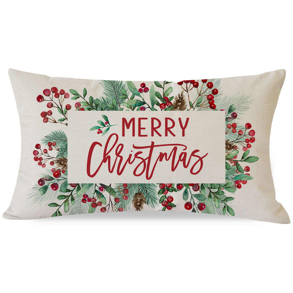 Merry Christmas Throw Pillow Cover 12x20 Inch Red Berry Mistletoe Pine Leaves Christmas Decor Xmas Decorations Outdoor Winter Holiday Lumbar Decorative Pillow Case for Home Bedroom Couch