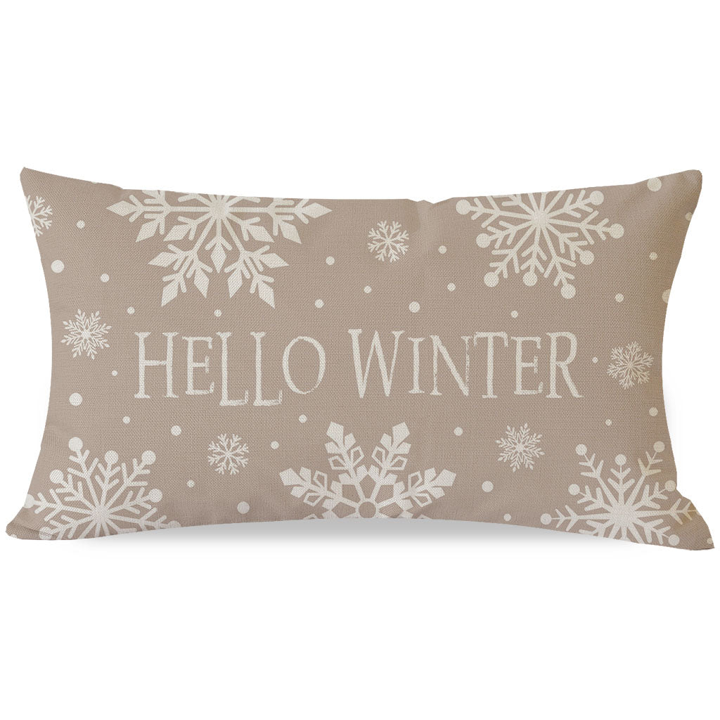 Hello Winter Snowflake Christmas Throw Pillow Cover 12x20 Inch Beige Outdoor Neutral Christmas Decorations Holiday Lumbar Decorative Throw Pillow Case for Home Living Room Sofa Couch Decor