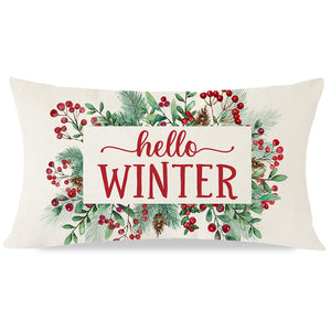 Christmas Pillow Covers 12x20 Hello Winter Eucalyptus Greenery Red Mistletoe Berry Christmas Decorations Rustic Holiday Winter Lumbar Decorative Throw Pillow Cases for Sofa Couch Home Decor