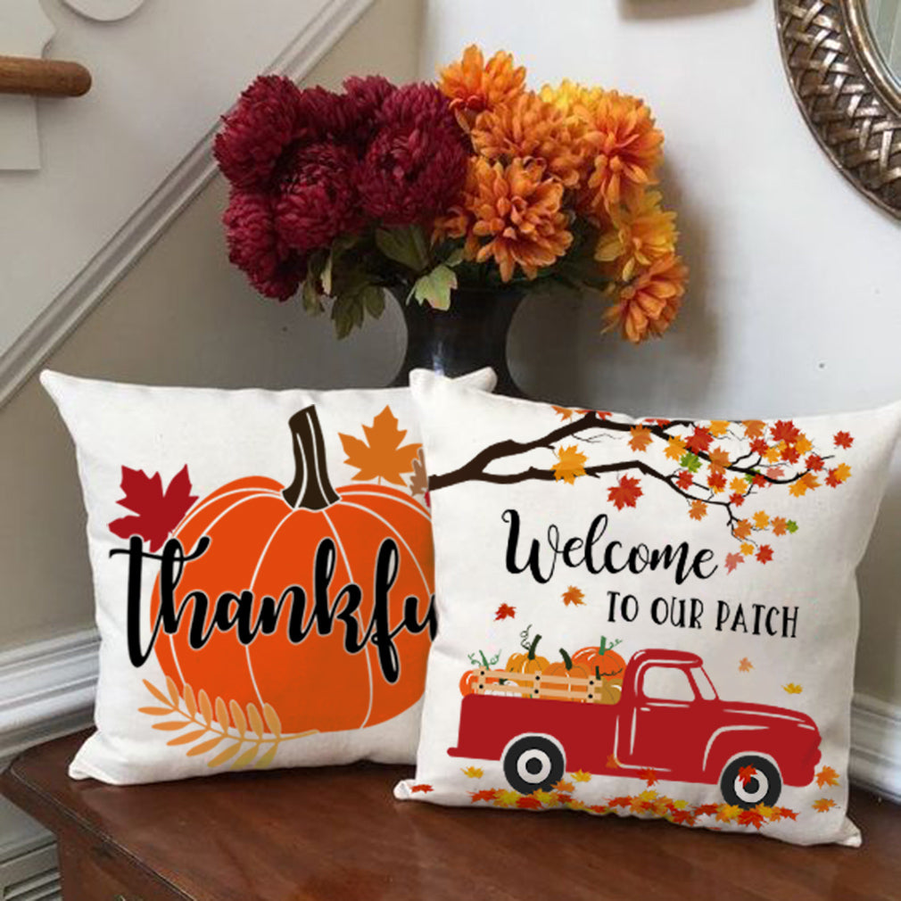 PANDICORN Happy Fall Pillow Covers 18x18 Set of 4, Red Truck Orange Pumpkin Maple Leaves Bike, Farmhouse Autumn Thanksgiving Throw Pillow Cases