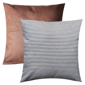 PANDICORN Set of 2 Farmhouse Decorative Throw Pillow Covers, Rustic Black and White Striped, Brown Faux Leather Textured Cushion Cover, 18 x 18 Inch