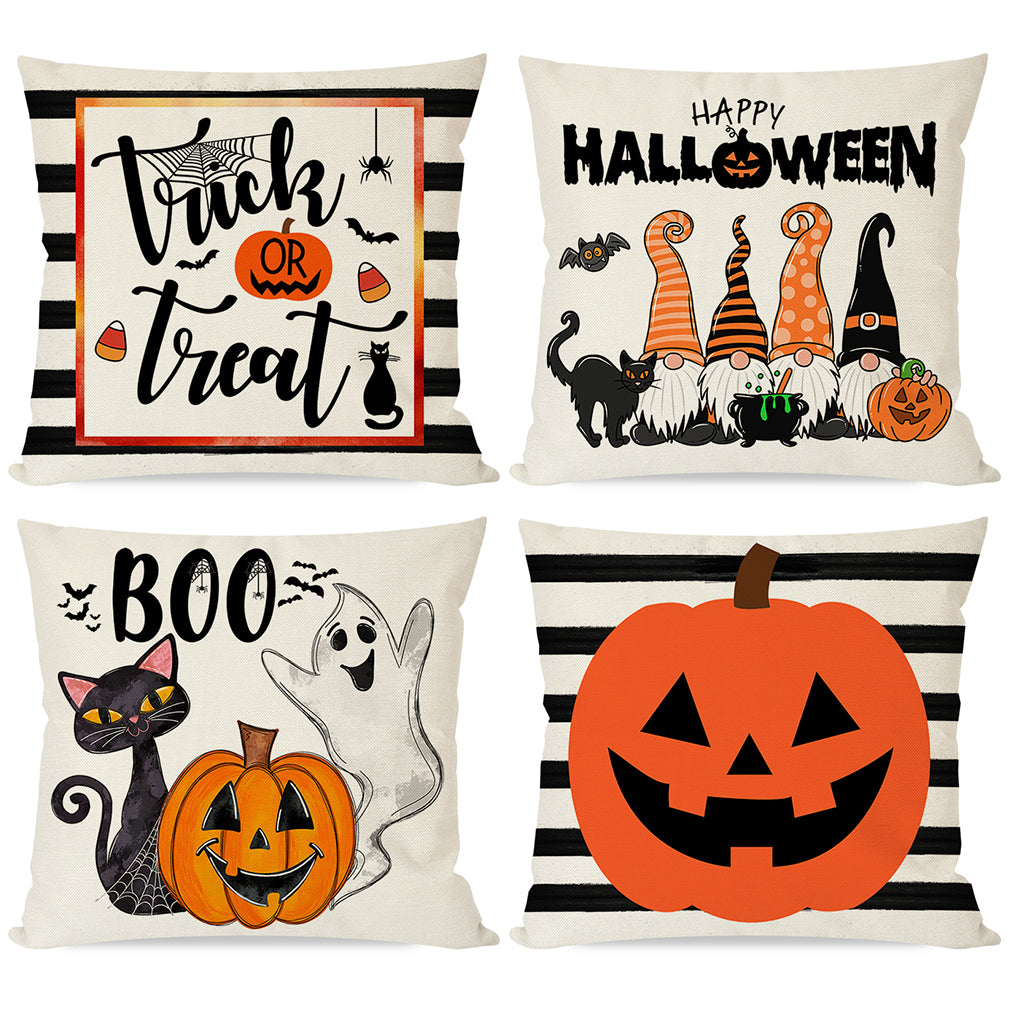 PANDICORN Happy Halloween Pillows Covers 18x18 Set of 4, Black Cat Pumpkins Gnomes Ghost Trick or Treat, Orange and Black Stripe Throw Pillow Cases