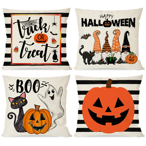 PANDICORN Happy Halloween Pillows Covers 18x18 Set of 4, Black Cat Pumpkins Gnomes Ghost Trick or Treat, Orange and Black Stripe Throw Pillow Cases