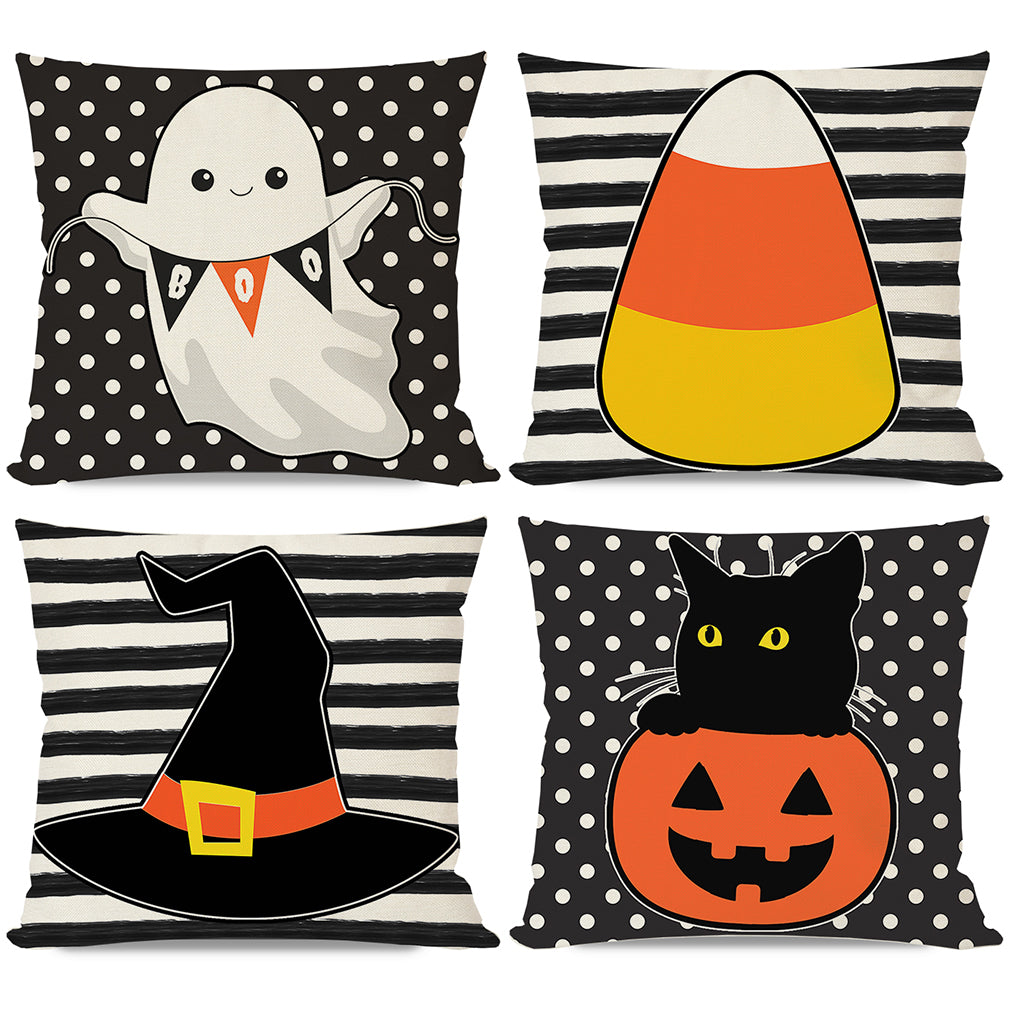 PANDICORN Halloween Pillows Covers 18x18 Set of 4, Black Cat Pumpkin Ghost Witch Hat Candy Corn, Black Stripe Polka Dot Decorative Throw Pillow Cases