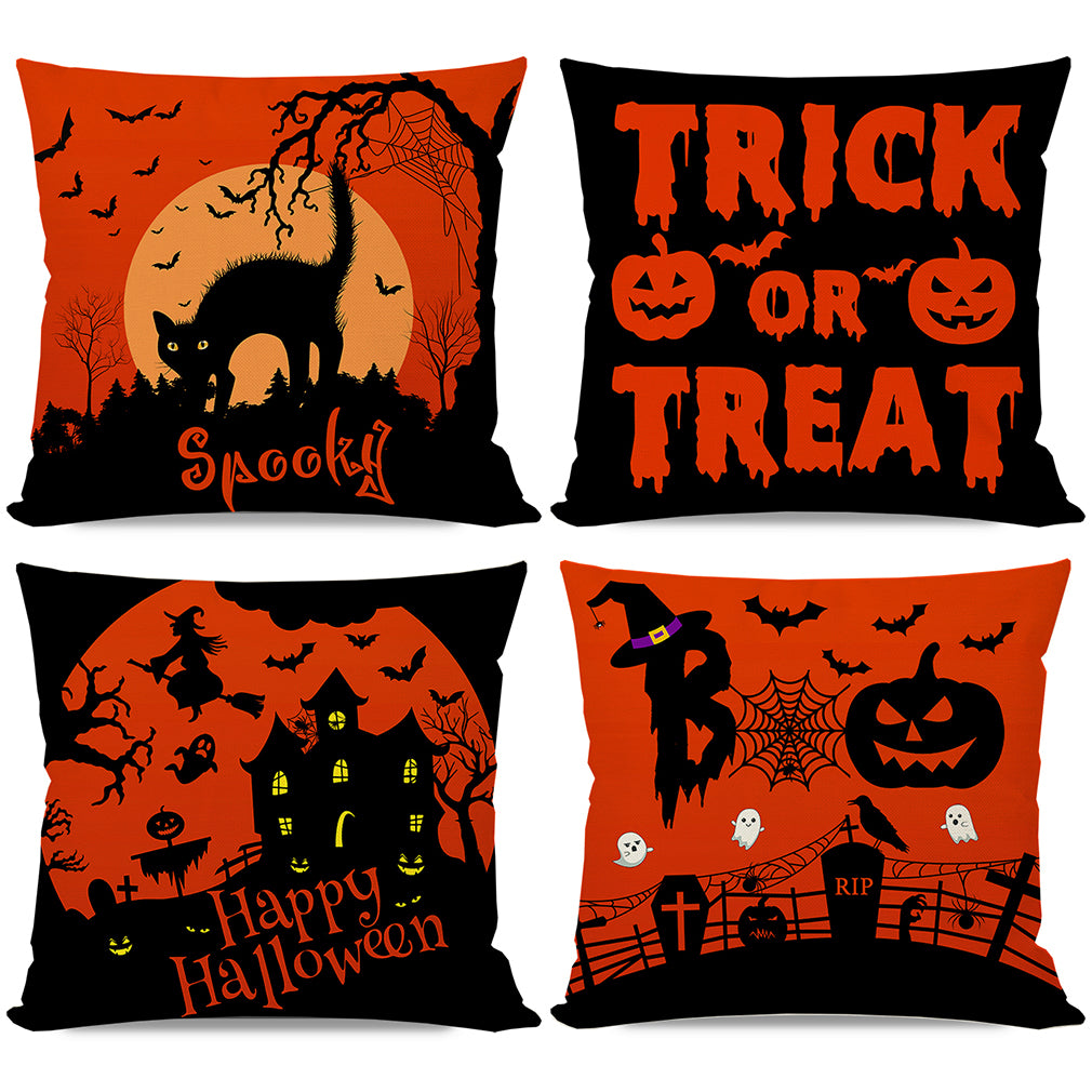 PANDICORN Burnt Orange Happy Halloween Pillows Covers 18x18 Set of 4, Black Cat Trick or Treat Trick or Treat, Fall Decorative Throw Pillow Cases