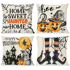 PANDICORN Happy Halloween Pillows Covers 18x18 Set of 4, Haunted House Witch Hat Legs, Spooky Orange and Black Throw Pillow Cases