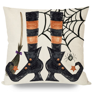PANDICORN Happy Halloween Pillows Covers 18x18 Set of 4, Haunted House Witch Hat Legs, Spooky Orange and Black Throw Pillow Cases