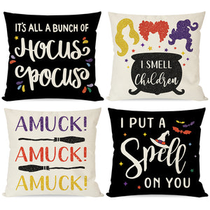 PANDICORN Hocus Pocus Halloween Pillows Covers 18x18 Set of 4 for Fall Decorations, Sanderson Sisters Witches Brew Hat I Smell Children Amuck