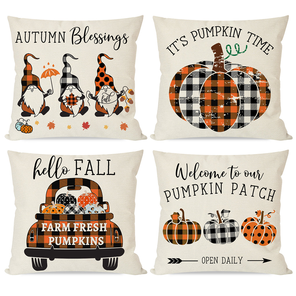 PANDICORN Buffalo Plaid Check Fall Pillow Covers 18x18 Set of 4, Black and Orange Truck Gnomes Pumpkin Leaves, Autumn Thanksgiving Throw Pillow Cases